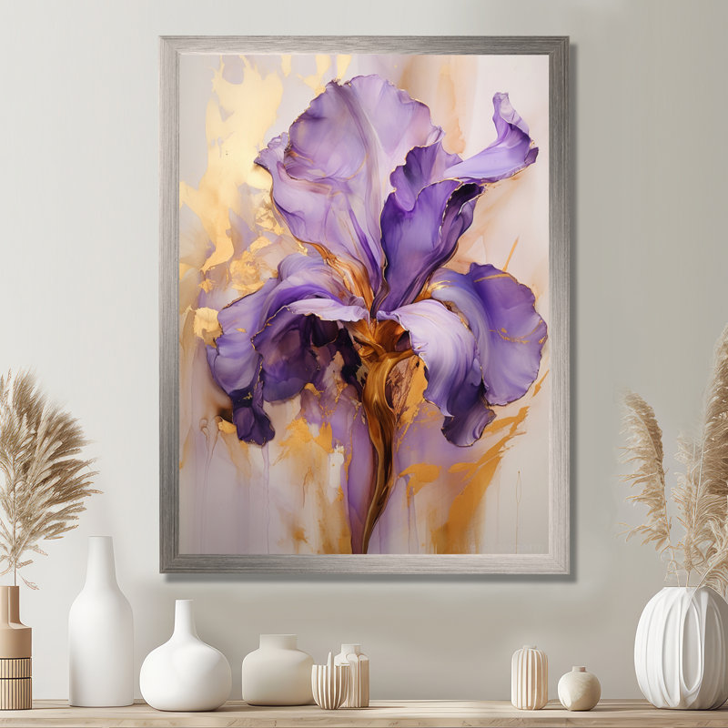 Iris doré - Rêve mauve - iris, art mural grand format, H 20 po x l 12 po x P 1 po, Cadre simple argenté