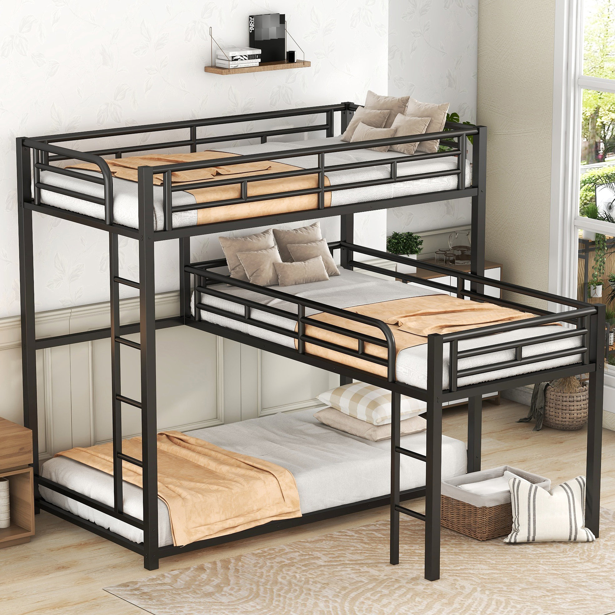 Brayden Studio Triple Twin Size Black Metal L-Shaped Bunk Bed With ...