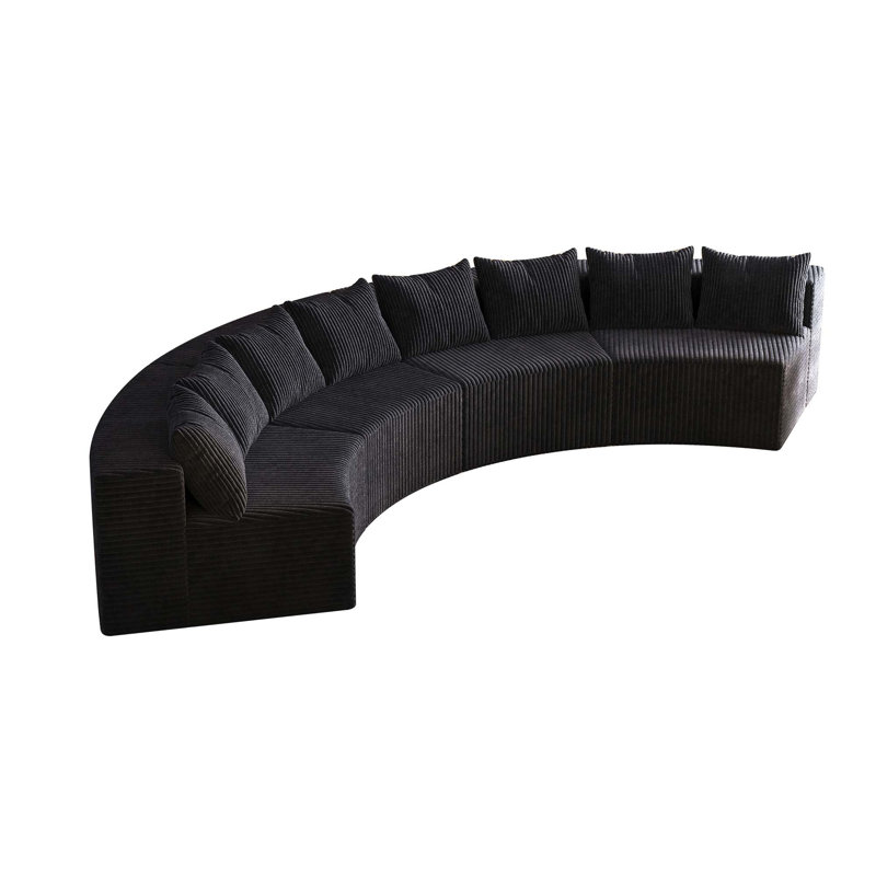 Canapé modulaire incurvé avec 8 coussins Corduroy, Velours côtelé noir
