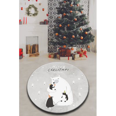 Stylish Christmas Carpet, 4.0 ft Diameter, Grey, White & Black | 100% Polyester, 0.4 in Pile Height | Antibacterial, Non-Slip Underside, Machine Washable | Perfect for Holiday Decor & Festive Gatherings
