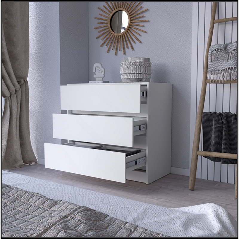 Commode Maldus, trois tiroirs, finition blanche, Blanc