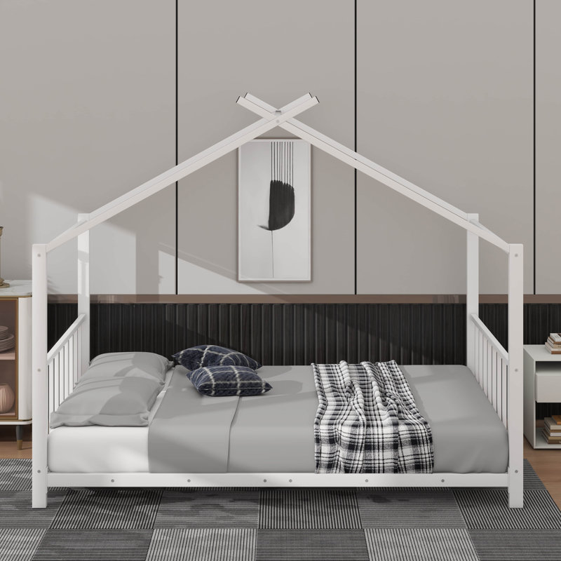 Lit plateforme simple en métal en forme de maison, Blanc