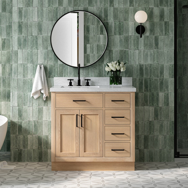 ARIEL HEPBURN 37 IN RIGHT OFFSET RECTANGULAR SINK VANITY 1,5 IN, Natural Oak, Rectangular, Left