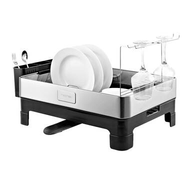 happimess Compact 17.25 Fingerprint-Proof Stainless Steel Dish Rack with Wine Glass Holder, Stainless Steel/Black