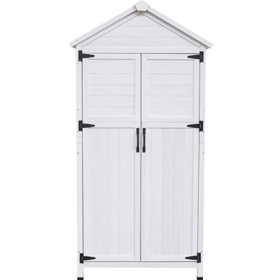 65.41 - Inch White Fir Wood Shed With Organized Interior And Smart Roof For Patio Equipment Storage Four Compartments Lawn Tools