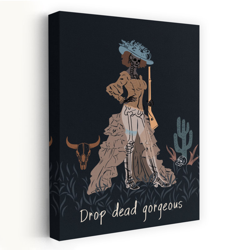 Drop Dead Gorgeous Cowgirl Elegant Gothic Retro Cactus Plant Bull Landscape Nature Wall Art Print, 45.72cm H x 30.48cm W
