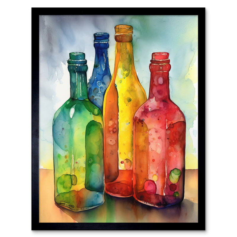 Coloured Glass Cider Bottles Still Life Watercolour Painting Artwork Framed Wall Art Print 9X7 Inch