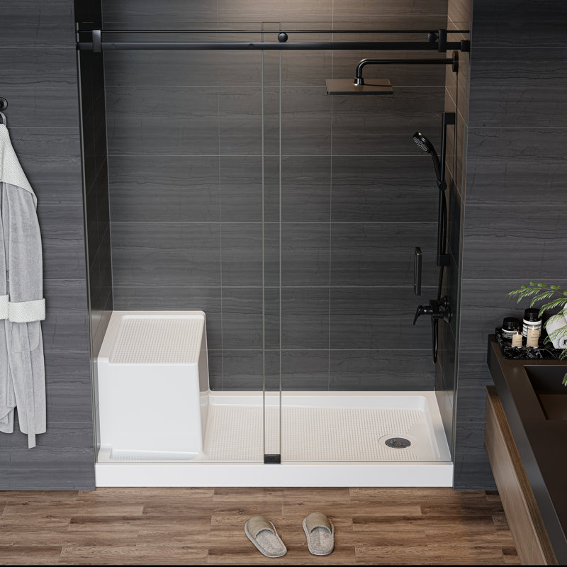 Base de douche l 60 po x P 32 po avec siège et drain inclus, bac de douche antidérapant, Oui