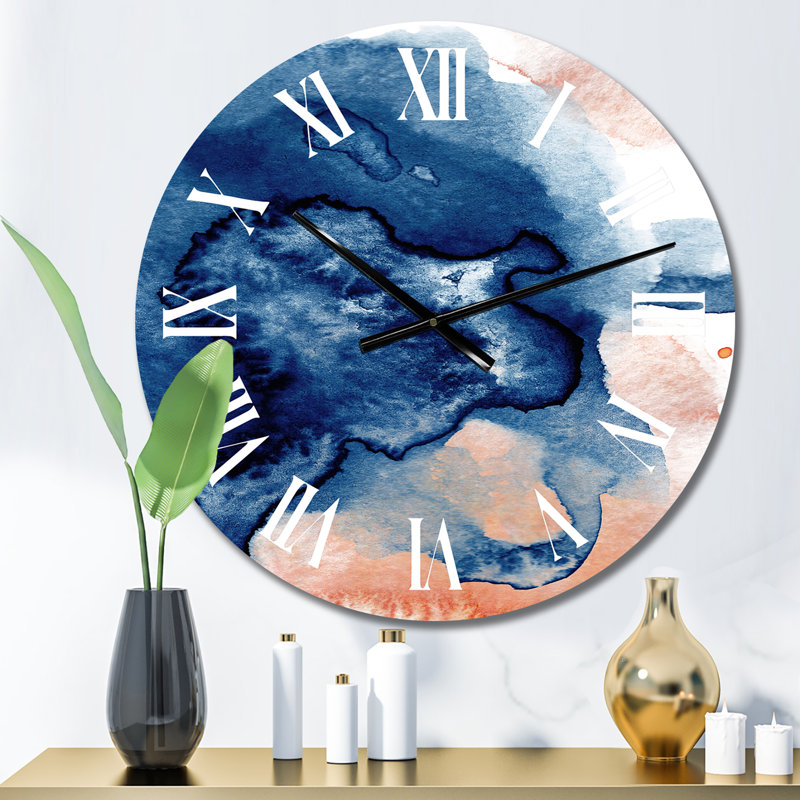 Bleu et or marbré nuages IV - horloge murale moderne, Moyenne