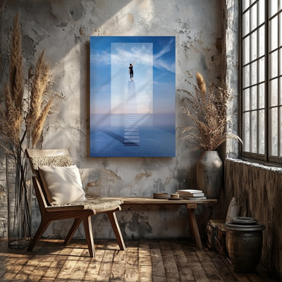 Canvas A Surreal Scene Featuring A Person In Casual Black Attire Wall Art Ascending A Transparent Staircase That Appears To Float In A Canvas Wall Art