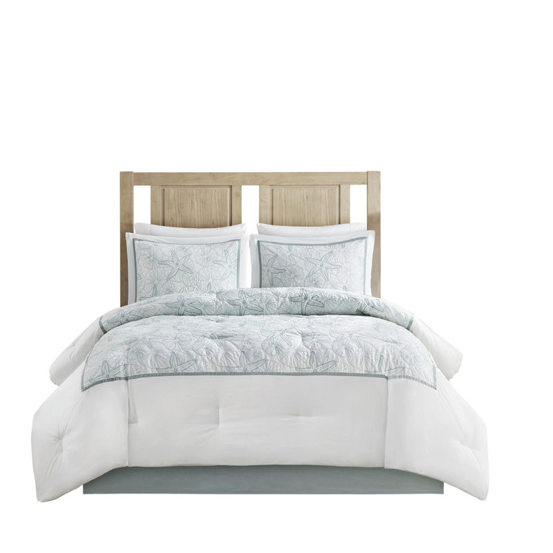 Très grand édredon - 100% coton, blanc avec broderie bleu foncé, comprend un édredon, une jupe de lit, 2 taies décoratives,