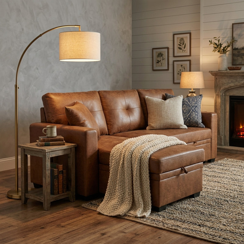 Canapé-lit modulaire réversible de 82 po avec méridienne de rangement et lit escamotable, canapé en L respirant en tissu pour petits espaces