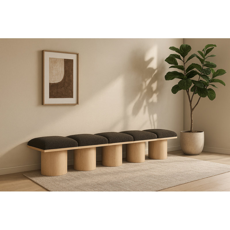 Banc rembourré Horatia, H 17,5 po x l 90 po x P 15,5 po, Naturel, Tissu brun bouclé