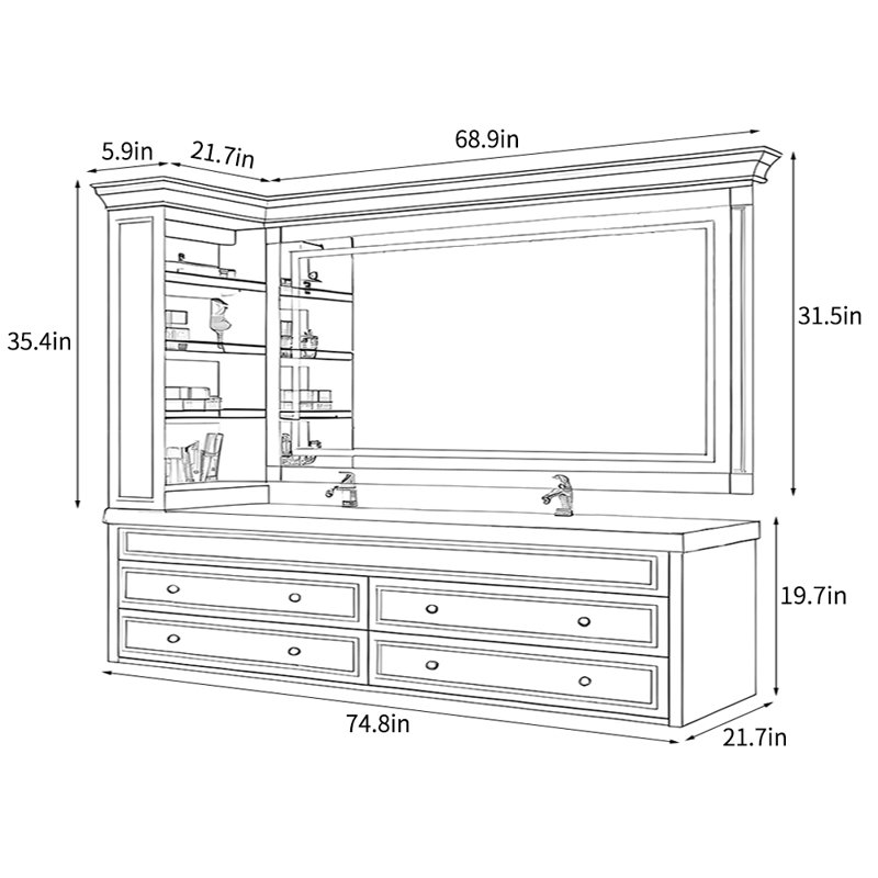 Armoire de salle de bain simple de luxe rétro français., Blanc, H 19,7 po x l 74,8 po x P 21,7 po
