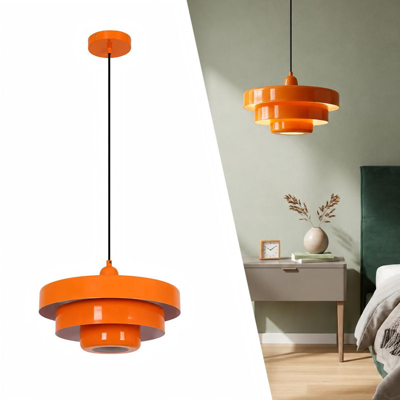 Industrial Adjustable Chandelier 1-light Pendant Light With 3-layer Metal Shade, Vintage Hanging Lamp For Living Room, Orange