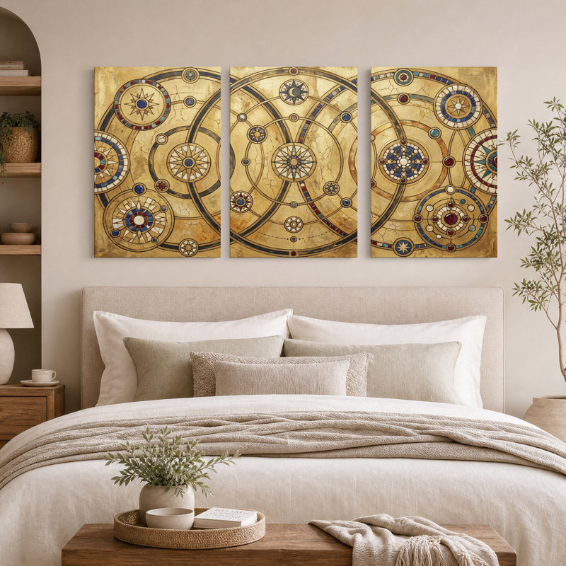 Ensemble de 3 toiles murales à motif de rose des vents en mosaïque dorée, 30"H x 20"W x 3pcs