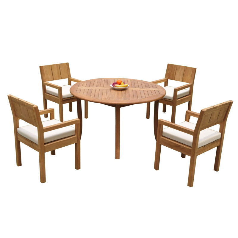 5 Seats 6 Pcs Grade-A Teak Wood Dining Set: 48" Round Table And 5 Veranda Arm Chairs #01Vr0206, 30.5" H x 48" L x 48" W, 4