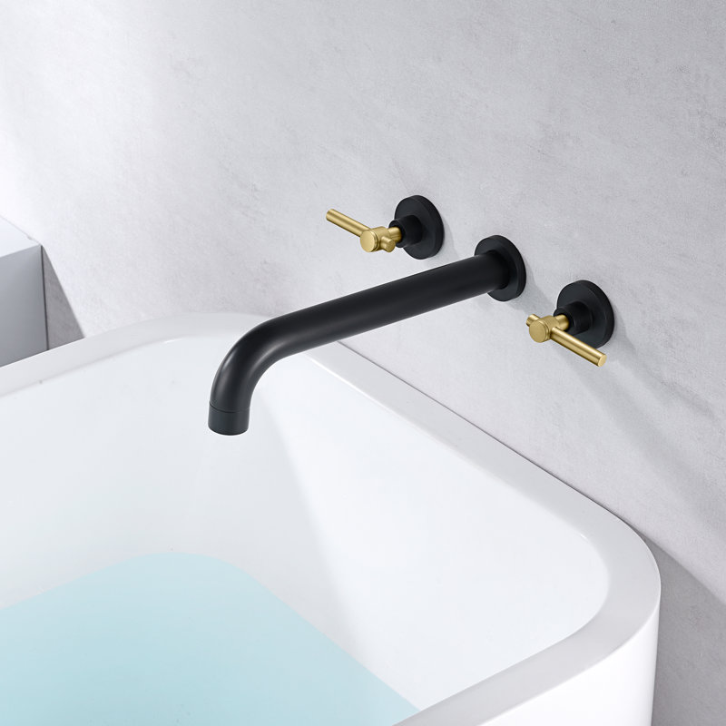 SUMERAIN High Flow Bathtub Faucet,  Extra Long Spout Double Handle Wall Mounted Tub Filler, Black/Gold, Lever Handle