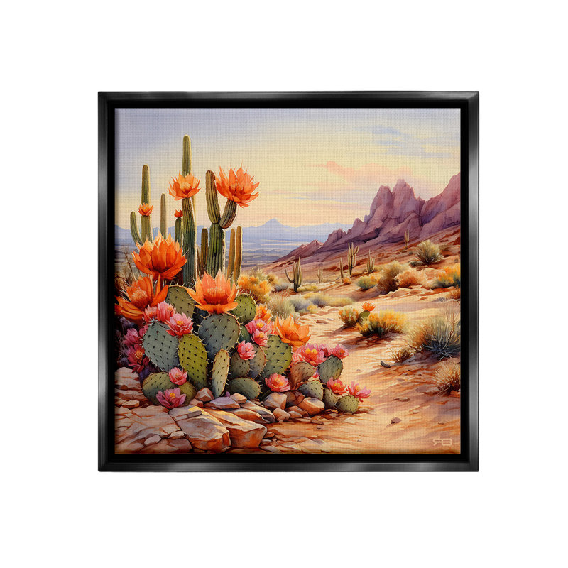 «Cactus Flower Landscape» par RB sur, H 18 po x l 18 po, Cadre flottant noir de jais