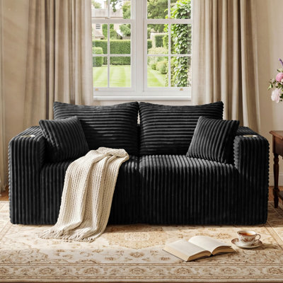 Aldora Compression Modular Sectional Sofa, 2-Piece Compression Low Profile Loveseat with Cup Holders, Side Storage Pocket and 4 Pillows, No Assembly Roll-Pack Sofa for Living Room, Black