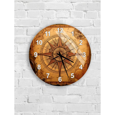 Antique Map Tempered Glass Wall Clock, Vintage Style Clock, Nautical Compass Design, Unique Wall Decor, Oversized Wall Clock for Home