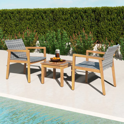 3 Pcs Outdoor Furniture Set, Acacia Wood Frame Sofa Set With Rattan Seat