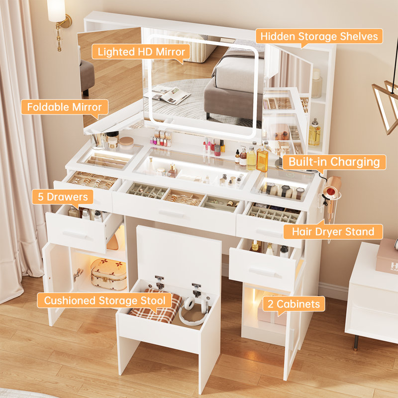 Meuble-lavabo avec miroir à DEL et prises de courant Ato, Blanc