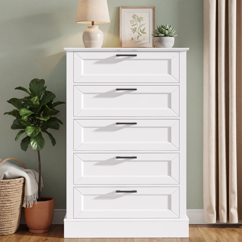 47" Tall 5-Drawer Wood White Dresser - Modern Farmhouse Style