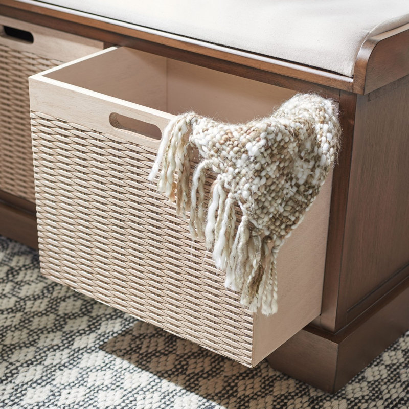 Landers Pine Storage Bench - 32" Entryway Cushion Seat with 2 Basket Drawers, Farmhouse Style, Brown