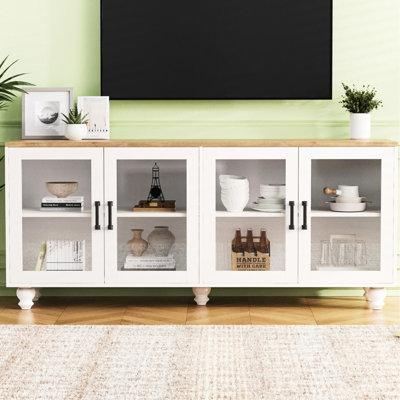 Tv Stand With Glass Doors, 70" Compatible, Adjustable Shelves, Solid Wood Legs, Elegant Buffet Cabinet, White For Living Room Cabinet Option, Shelf Space Arrangement, Legs