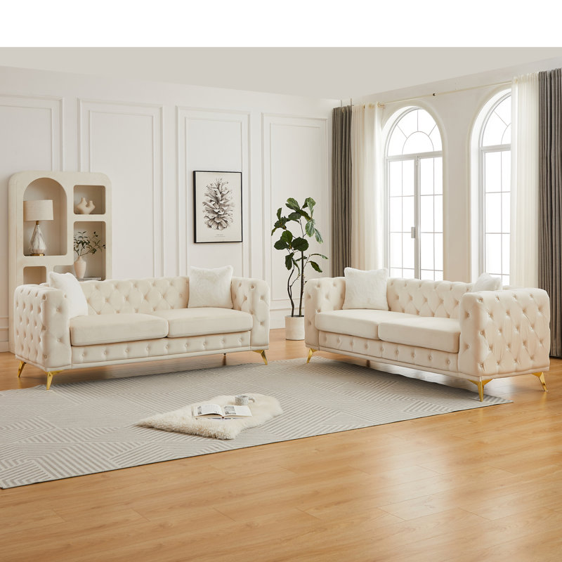Ensemble de canapés à compression, structure en bois de velours beige, sièges de maison capitonnés modernes