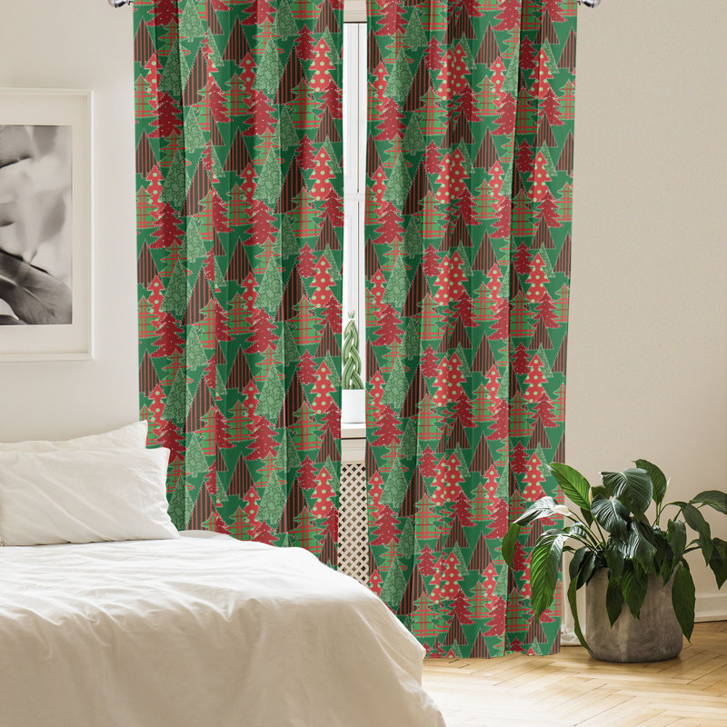 The Holiday Aisle® Christmas 4-Panel Curtains, Tree Pines Swirl Dot, Dark Coral Dark Green, 56" W x 63" L