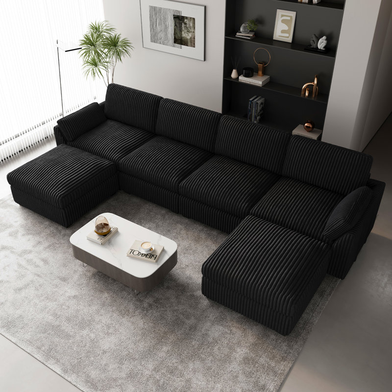 Plush Wide Corduroy Modular Sectional Sofa With Ottomans, L U Shaped Livingroom Sofa, Black Corduroy