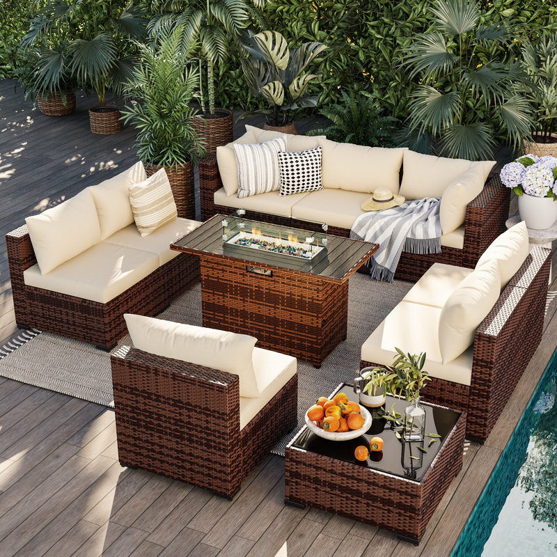 8 - Person Outdoor Wicker Patio Conversation Furniture Set With Fire Pit Table, Beige