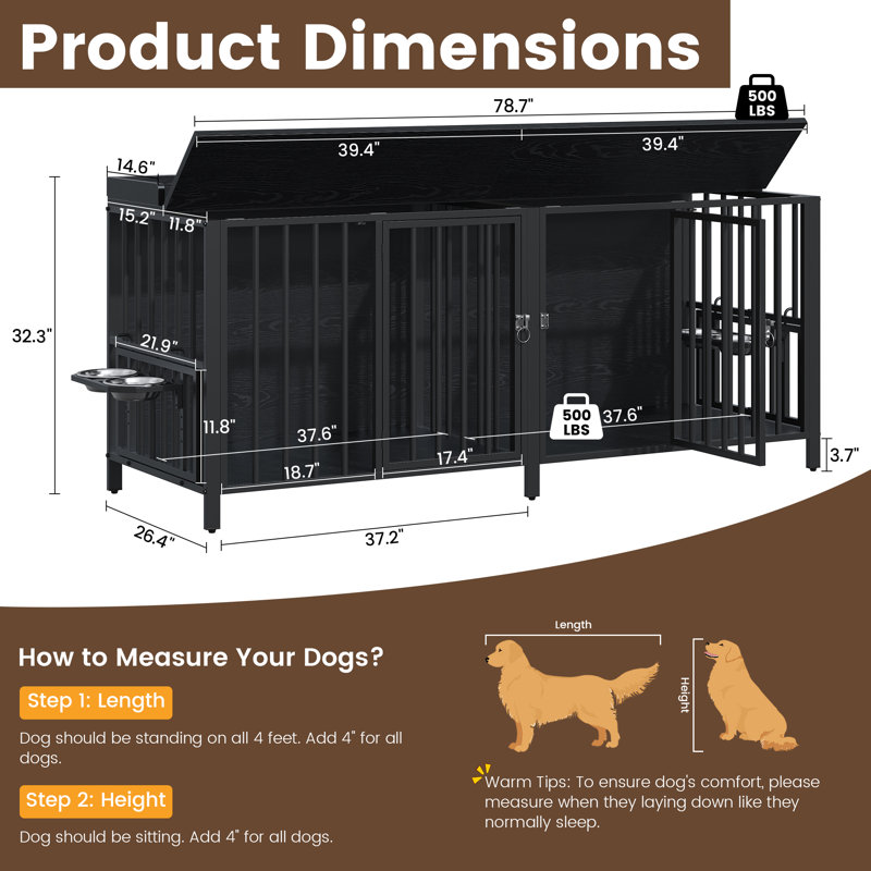 Cage pour chien 78 pouces pour 2 grands chiens moyens avec porte d'accès supérieure et bols rotatifs en acier inoxydable à 360 degrés