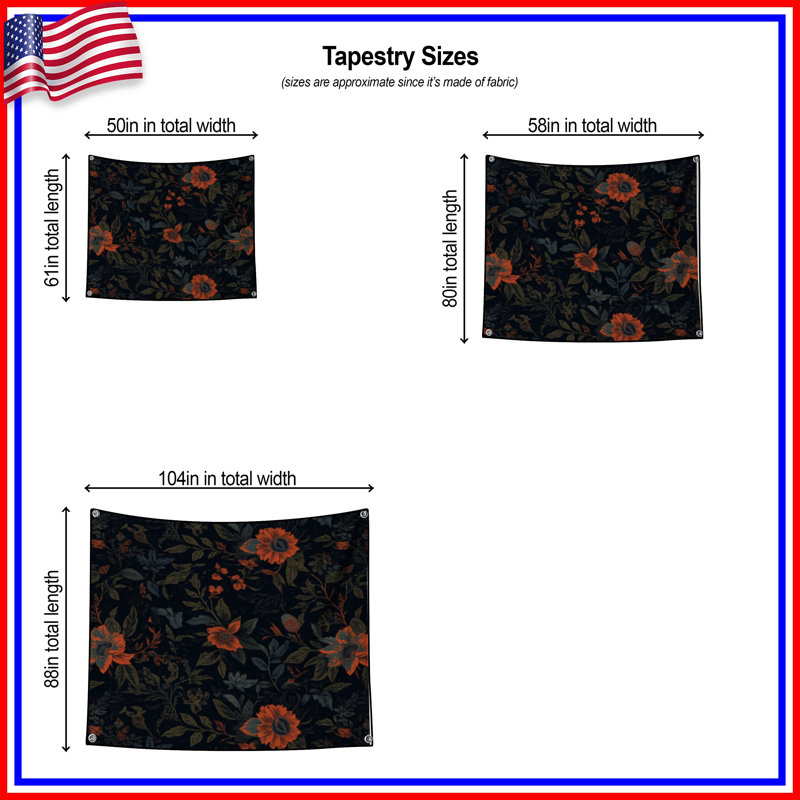 Tapisserie murale motif floral foncé - Décoration murale florale, 50in H x60in W with 4 Grommets