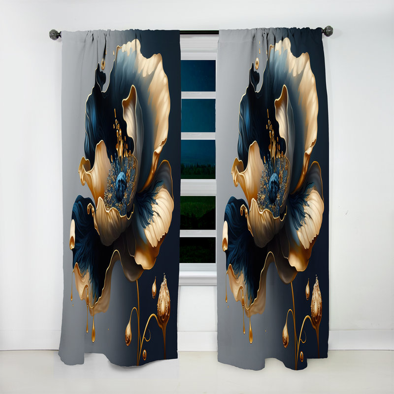 Rideau occultant floral bleu foncé et doré fleur simple II, L 52 po x L 90 po