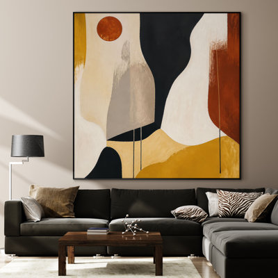 Très grand reproduction d'art sur tissu - Abstrait géométrique moderne avec des formes moutarde et terre cuite pour le salon ou la chambre à coucher - «Assemblage requis du cadre (cadre non fini)»