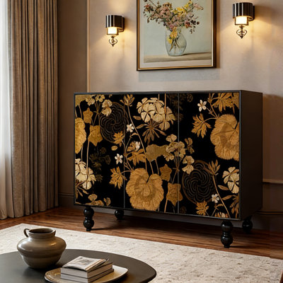 Modern Hand-Painted Floral Wooden Sideboard