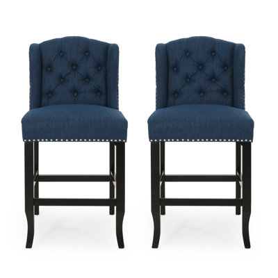 Contemporary Fabric Tufted Wingback 27 Inch Counter Stools, Set Of 2, Navy Blue And Dark Brown
