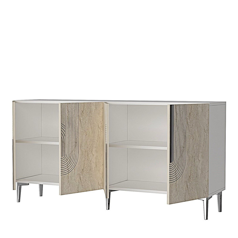Modern Console Table with Geometric Design, White & Travertine, 59.1 x 29.5 x 12.6 inches | 100% Melamine Coated Particle Board, 0.7 inch Thickness | Multiple Shelves, Wall-Mountable | Stylish & Functional for Living Room