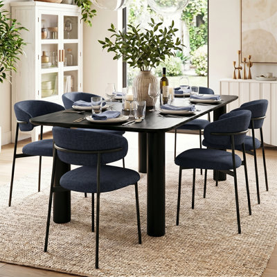 Ensemble de salle à manger moderne avec table rectangulaire en bois et 6 chaises rembourrées à dossier incurvé