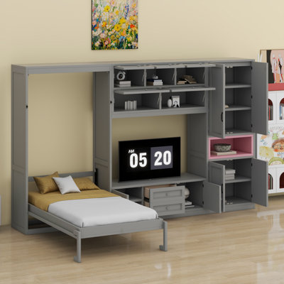 Lit escamotable en bois avec meuble télé, 2 tiroirs, tablettes et armoires