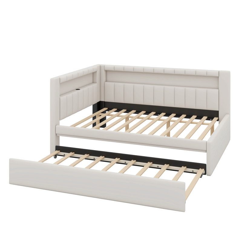 Full Size Platform Bed With USB Ports And Trundle, White