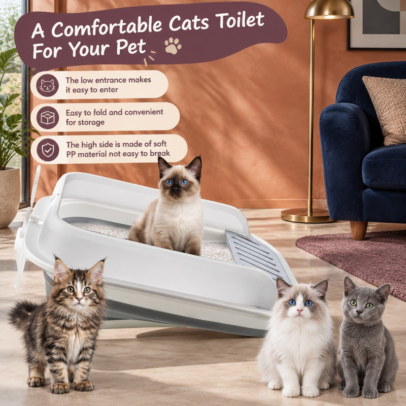 Bac à litière gris semi-fermé et pliable pour chatons et petits chats, avec entrée basse pour les chats âgés, un bac pliable, une pédale anti-fuite et un design de type toilette.