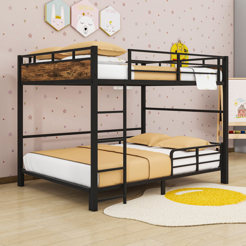 Metal Bunk Bed With Slats And Ladder, Vintage Wood, Full over Full
