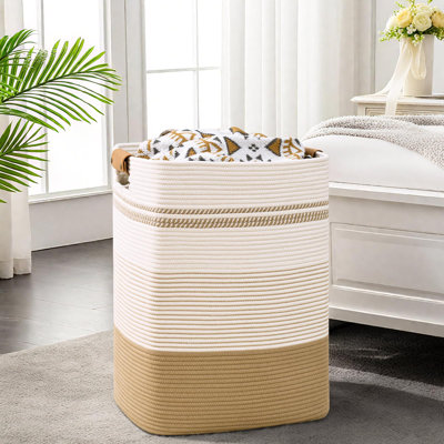 Grand panier à linge, grand panier à linge tissé 85L avec poignées en cuir - Organisateur de rangement en tissu de coton pour chambre à coucher, chambre de bébé, salle de lavage, corbeille à linge pliable rectangulaire