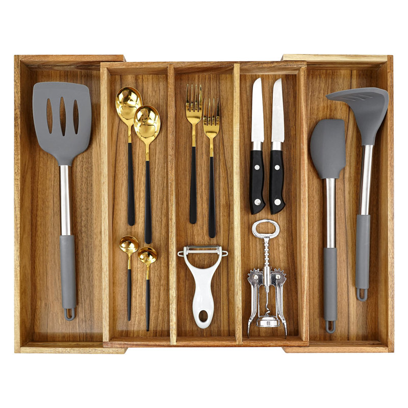 Rangement à ustensiles de luxe en acacia - Organisateur de tiroir de cuisine - Porte-ustensiles et range-ustensiles avec séparateurs de tiroir rainurés pour couverts et ustensiles de cuisine (5 fentes)