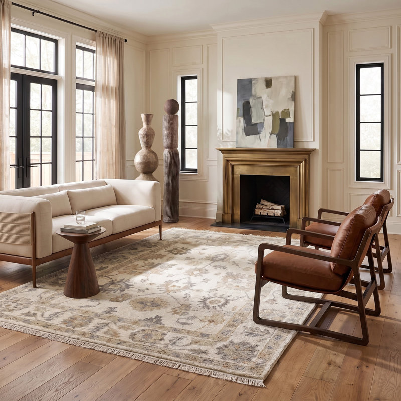 Tapis d'intérieur en laine naturel fait à la main Herny, Rectangle 8 pi x 10 pi