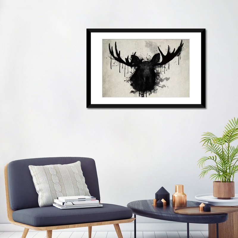 «Moose», reproduction d'impression sur toile, H 16 po x l 24 po x P 1 po, Papier d'art encadré noir, Blanc